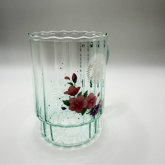 New Starbucks Korea Hibiscus Flower Mint Green Glass Coffee Mug Rose Of Sharon - Picture 3 of 11